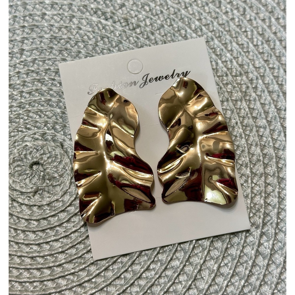 Abstract Hammered Gold Leaf Statement Earrings Chunky Metallic Ruffled Drop